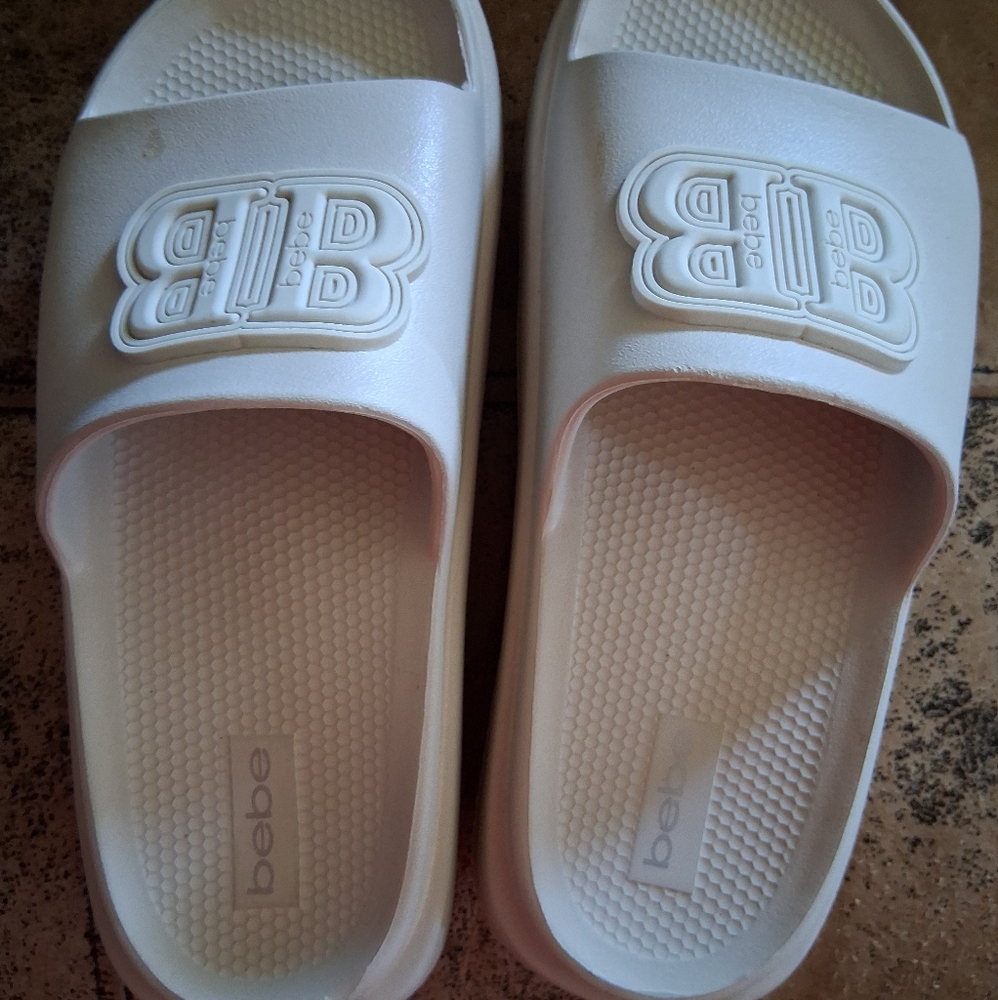 Bebe White Slide Sandals with Textured Footbed